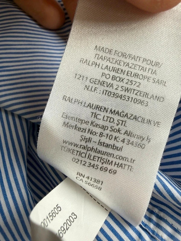 Ralph Lauren blue and white striped button-down shirt with navy embroidered pony logo.
