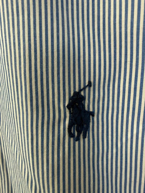 Ralph Lauren blue and white striped button-down shirt with navy embroidered pony logo.