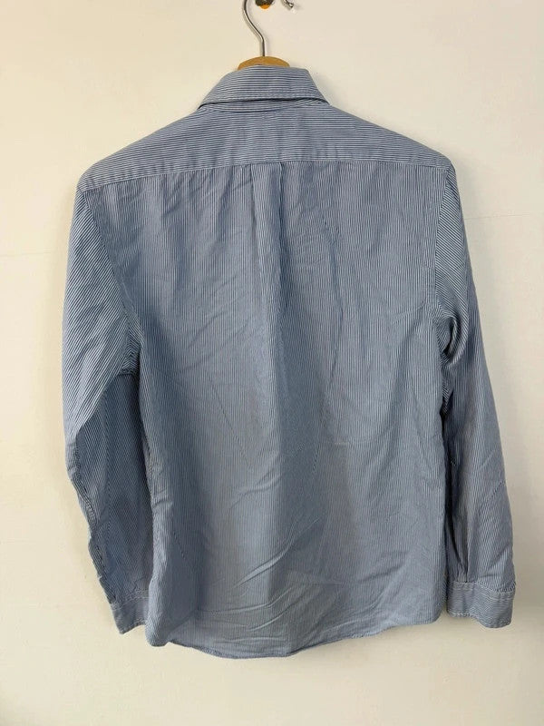 Ralph Lauren blue and white striped button-down shirt with navy embroidered pony logo.