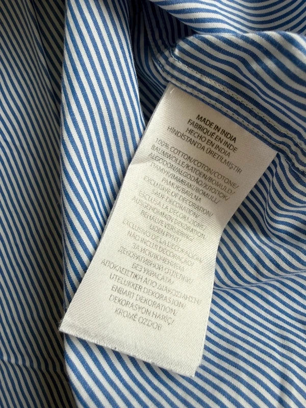 Ralph Lauren blue and white striped button-down shirt with navy embroidered pony logo.