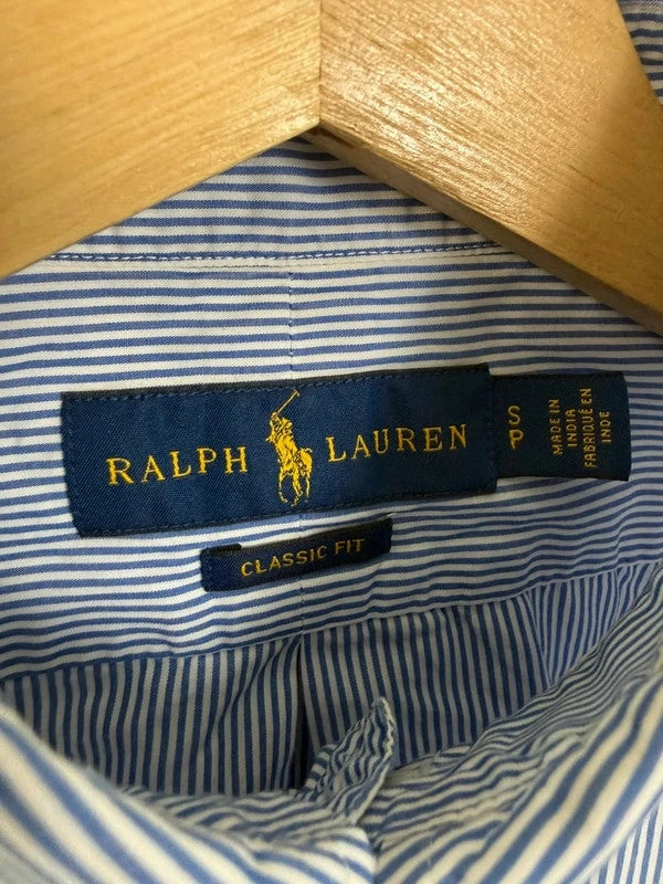 Ralph Lauren blue and white striped button-down shirt with navy embroidered pony logo.