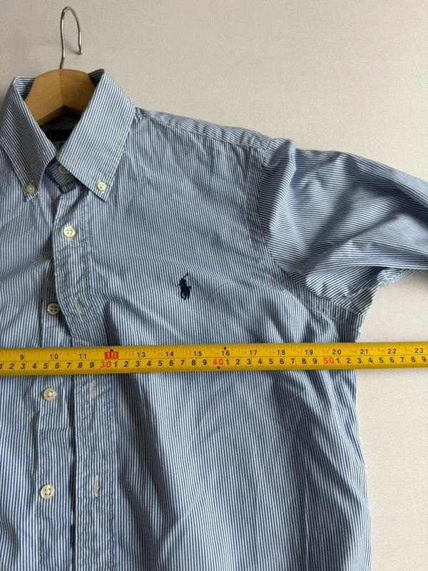 Ralph Lauren blue and white striped button-down shirt with navy embroidered pony logo.