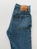 Levi's mid blue straight jeans with button fly and leather-look back patch.